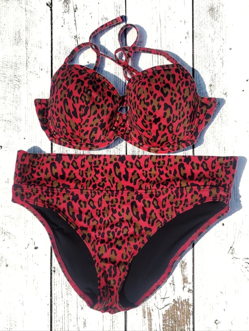 Victoria's Secret Sz-38D&M Black & Red Cheetah Print 2 Piece Bikini